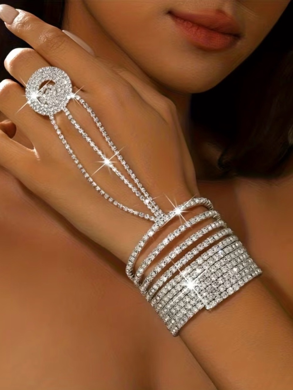 💎 HOST PICK 💎Silver Crystal Multi-Row Hand Chain Bracelet
